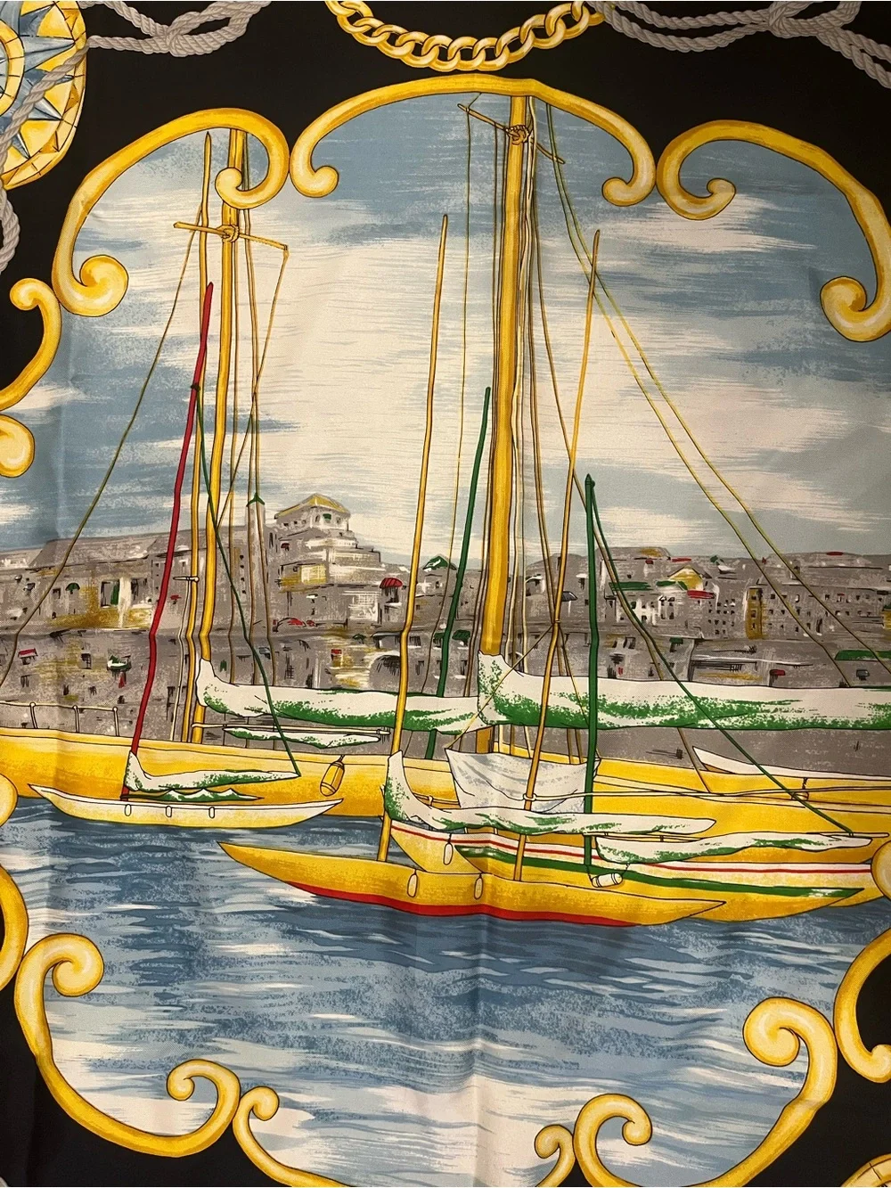 Vintage Marina Yacht Nautical Harbor Compass Chain Square Scarf Silk Feel